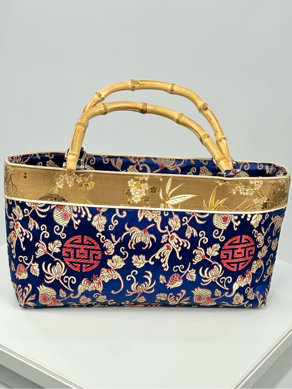 Brocade Bamboo Handle Handbag Blue Gold Chinese Floral Top Handle Bag